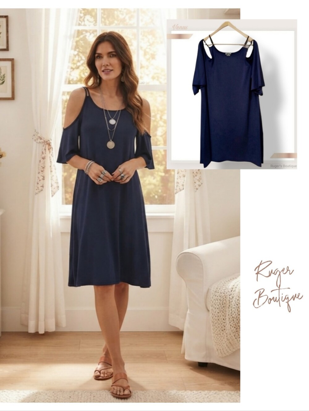 🌿Venus Women's Navy Blue XL Drop Shoulder Cold Shoulder Strappy Dress